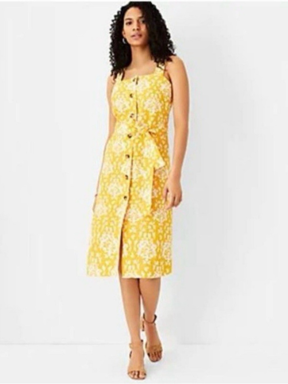 Ann Taylor Belted Yellow Floral Front Button Dress (4) - Picture 2 of 7